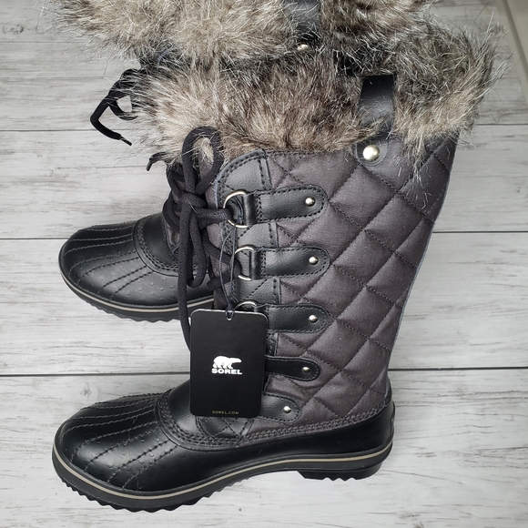 Sorel Tofino Boots Calf NEW Womens Black Fur Topped Duck Rubber Boots 8 Designer - Picture 2 of 11